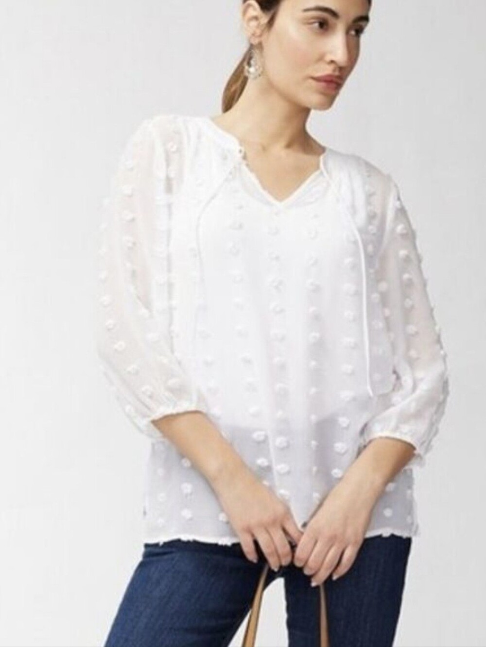 Chico's White-Dot Sheer Swim Coverup or Layer Top with Tie